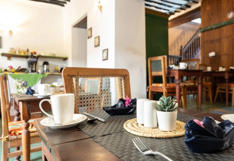 Cozy hotel dining area with wooden tables, woven chairs, white cups, succulent centerpiece, and breakfast buffet in background