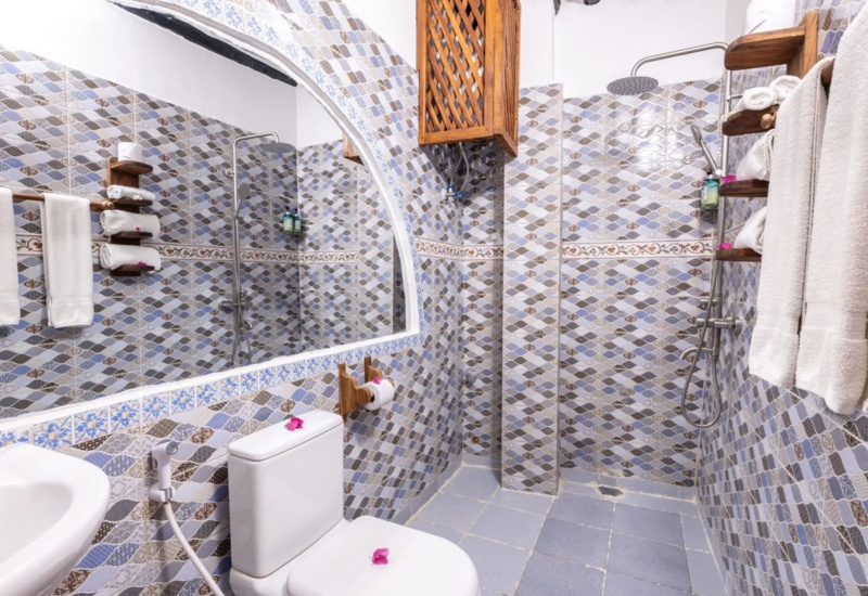 Bright bathroom with patterned blue and beige tiles, walk-in shower, white toilet, sink, and neatly folded towels on wooden racks