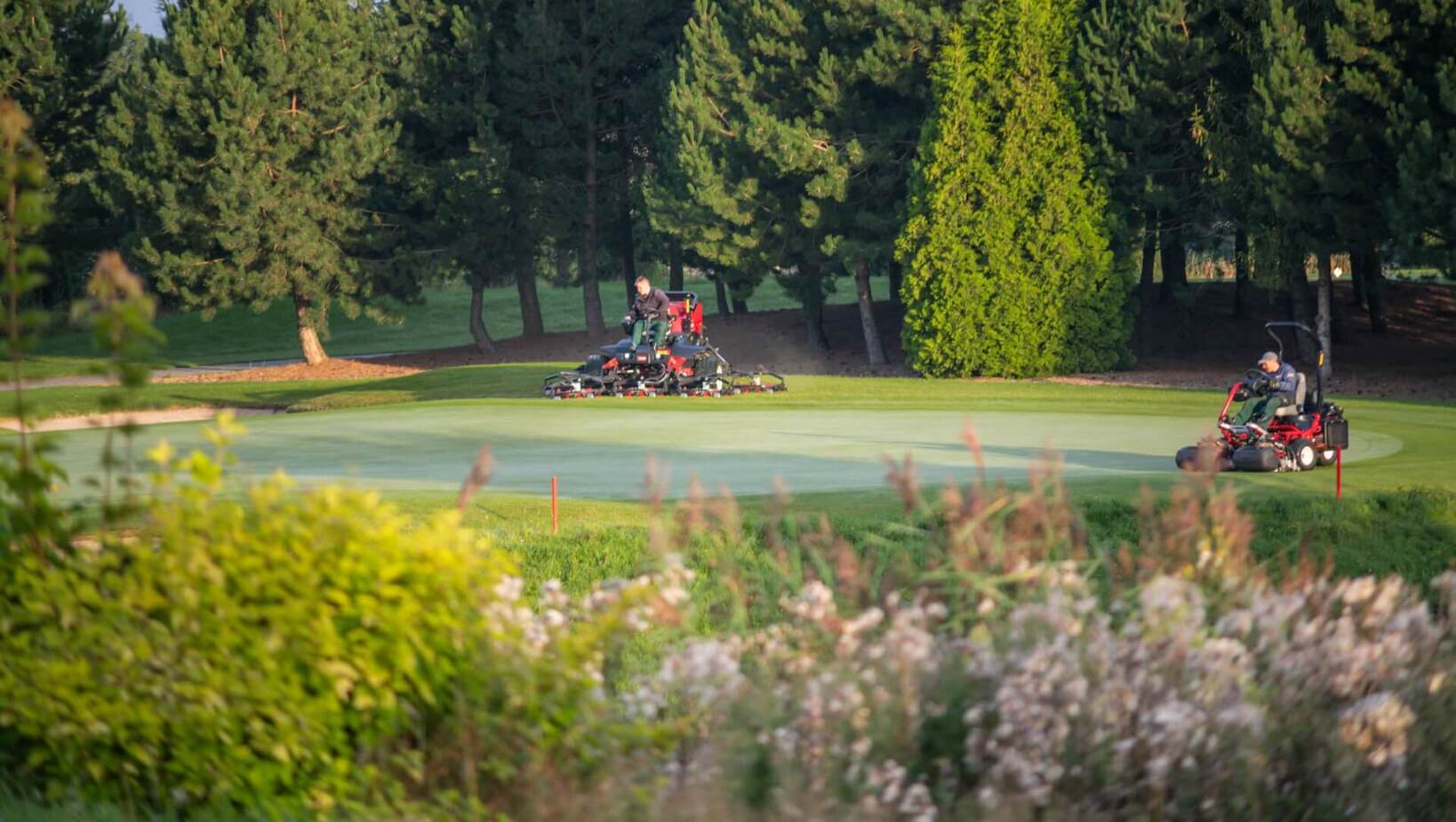Hotelowe pole golfowe: zadbany green, pracownicy koszą trawę na traktorkach w otoczeniu wysokich drzew.
