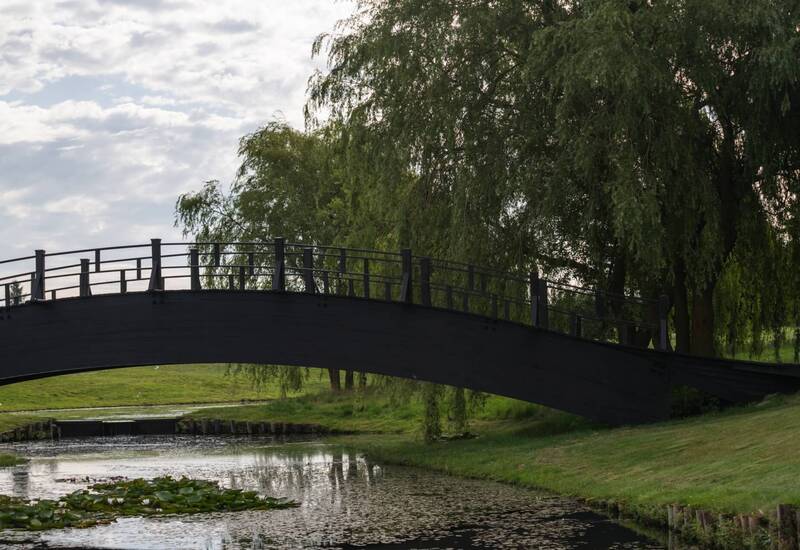 Łukowy drewniany mostek nad stawem z liliami wodnymi, wierzbami i zielonymi trawnikami w spokojnym ogrodzie.