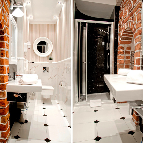Two views of the bathroom – washbasin, toilet and mirror on the left, shower enclosure on the right in Junior Suite Deluxe Blue