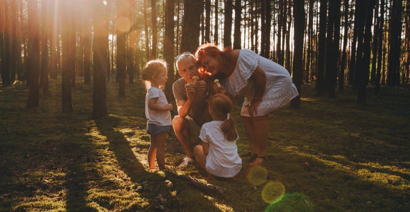Rodzina spacerująca w lesie o zachodzie słońca, podziwiająca grzyby w otoczeniu wysokich drzew.