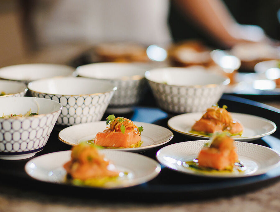 close up set of plates with starters