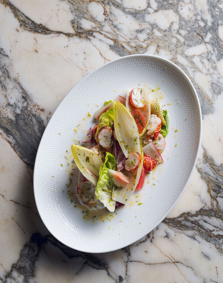 Elegant lobster and endive salad with citrus segments, baby greens and herb vinaigrette on textured white plate over marble table.