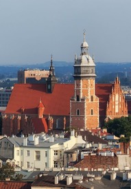 Panoramic city skyline with red-tiled Gothic church and mix of historic rooftops and modern buildings in warm evening light