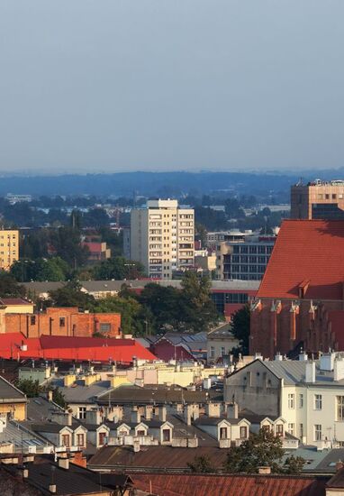 Panoramiczny widok miasta z ceglastym, wiekowym kościołem i mozaiką zabytkowych i nowoczesnych dachów w ciepłym świetle