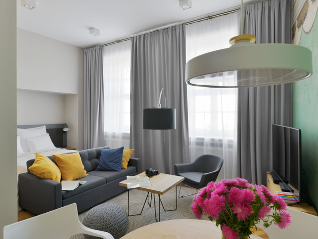 Open-plan studio with bed alcove, gray sofa with yellow/blue cushions, coffee table with camera and map, armchair, TV and fresh pink flowers