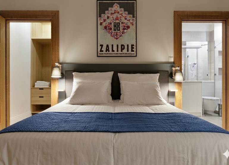 King-size bed with white linens and blue runner, bedside lamps, en-suite bathroom visible and open closet with towels.