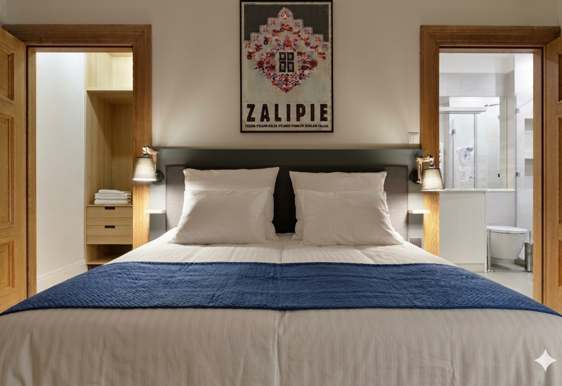 Wygodne łóżko podwójne z białą pościelą i niebieskim narzutem, lampki nocne, łazienka en-suite i otwarta szafa z ręcznikami