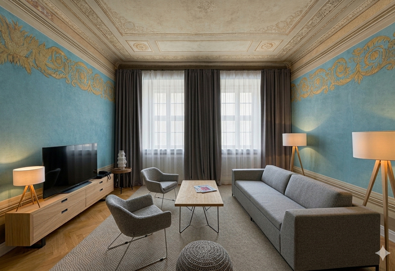 Salon w historycznym apartamencie z ozdobnym malowanym sufitem i złotą fryzą, wysokie okna, szara sofa, dwa fotele, telewizor.