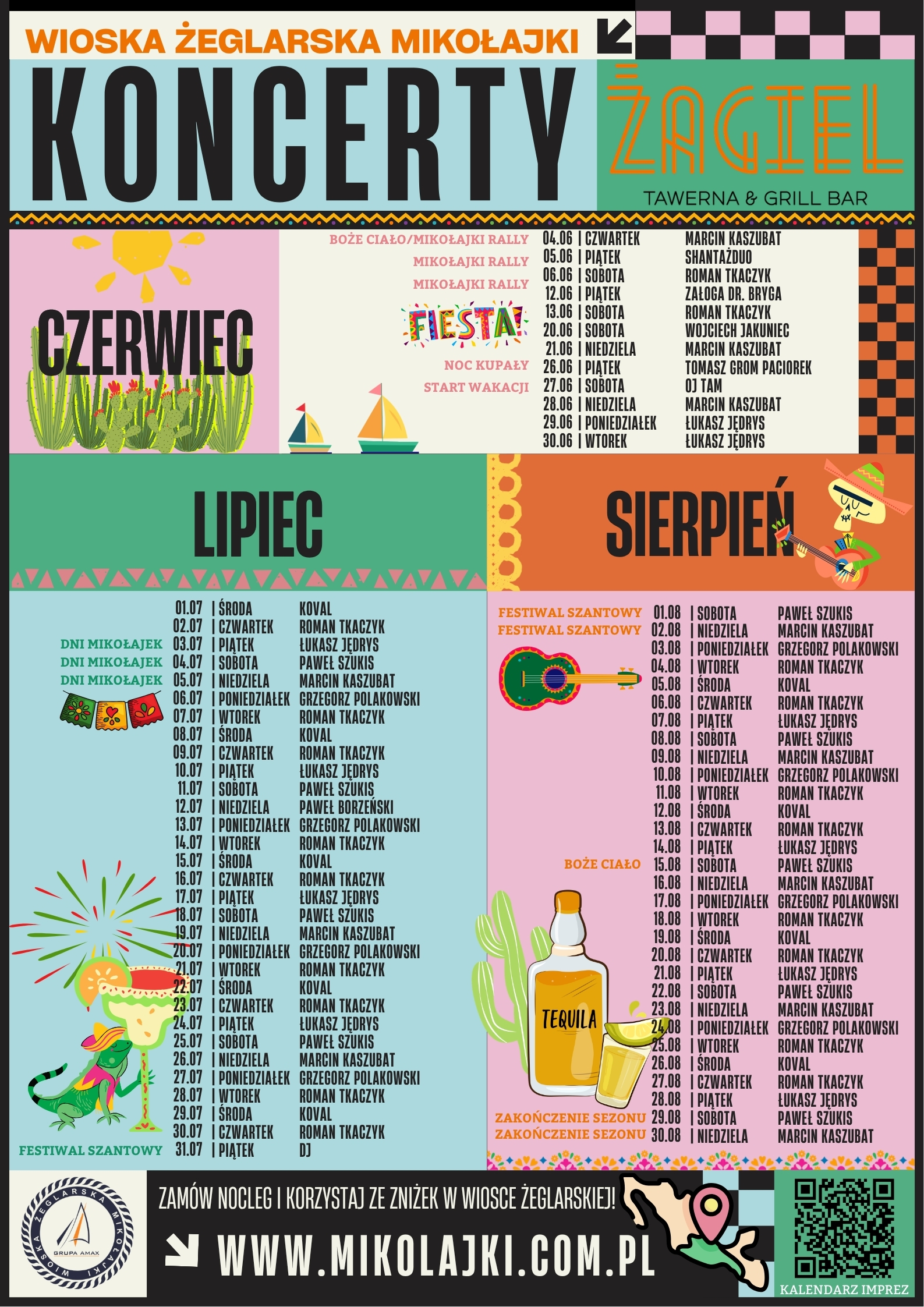 Plakat koncertów w Mikołajkach latem 2026