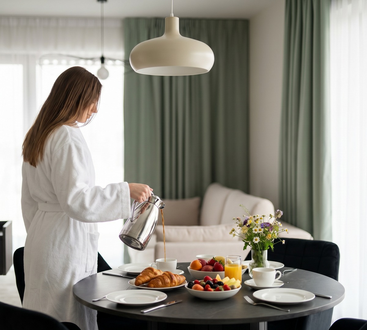 Gjest i hvit badekåpe heller kaffe ved et bord dekket med croissanter, frukt, juice og friske blomster i en lys suite