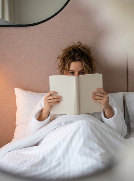 Gjest i morgenkåpe leser bok i sengen, myk sengegavl, varm vegglampe og kaffekopp