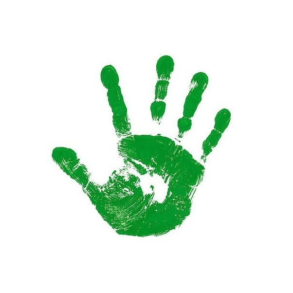 Vivid green painted handprint on a white background, showing paint texture and finger pad details.