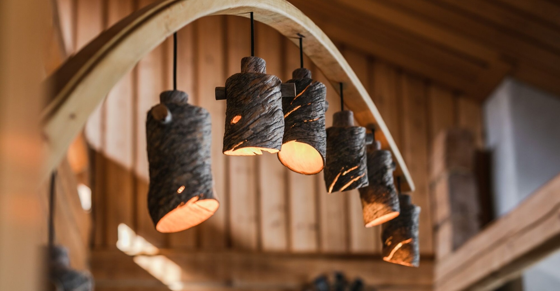 Trunk-shaped lamps in the Sunday Morning Resort.