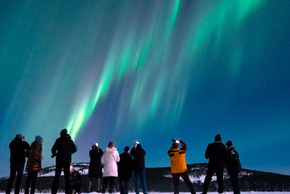 Group of bundled-up guests on a snowy plain photographing green aurora borealis streaking across the night sky