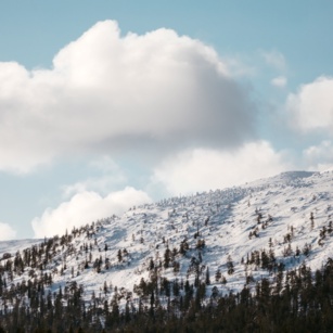 A Pyhä-Luosto National Park landscape, with fully clouds stretching over snow-covered hills.