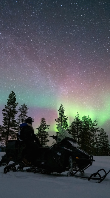 Guests on snowmobiles under a starry sky with northern lights above a snowy forest landscape