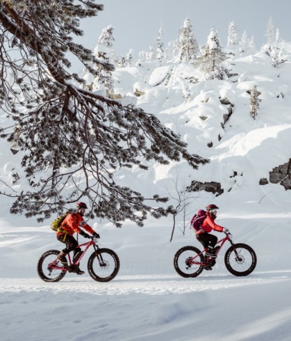 Dos ciclistas en fat bikes recorren un sendero nevado junto a rocas y pinos cubiertos de nieve