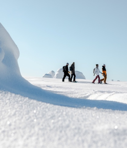 4 people exploring the pristine, white and snow-covered hilltop.