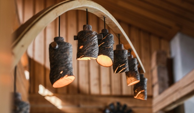 Trunk-shaped lamps in the Sunday Morning Resort.