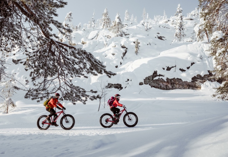 Two people riding bikes in the snow in the mountains.