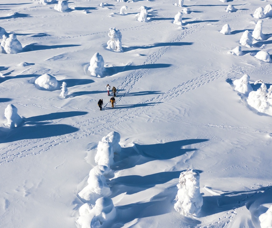 A group of people hiking through a vast snow dessert.