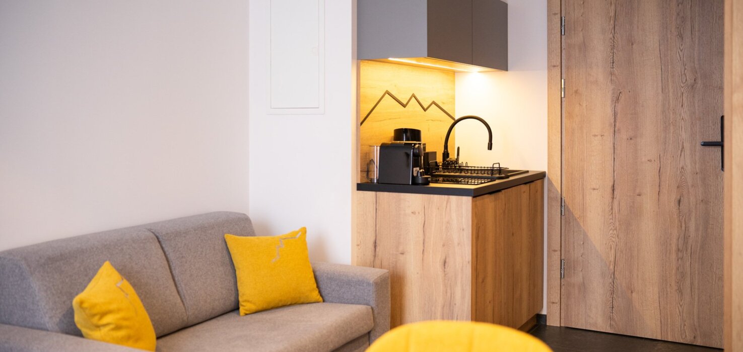 Sofa i aneks kuchenny w przestronnym apartamencie na tani nocleg dla grupy w Zakopanem