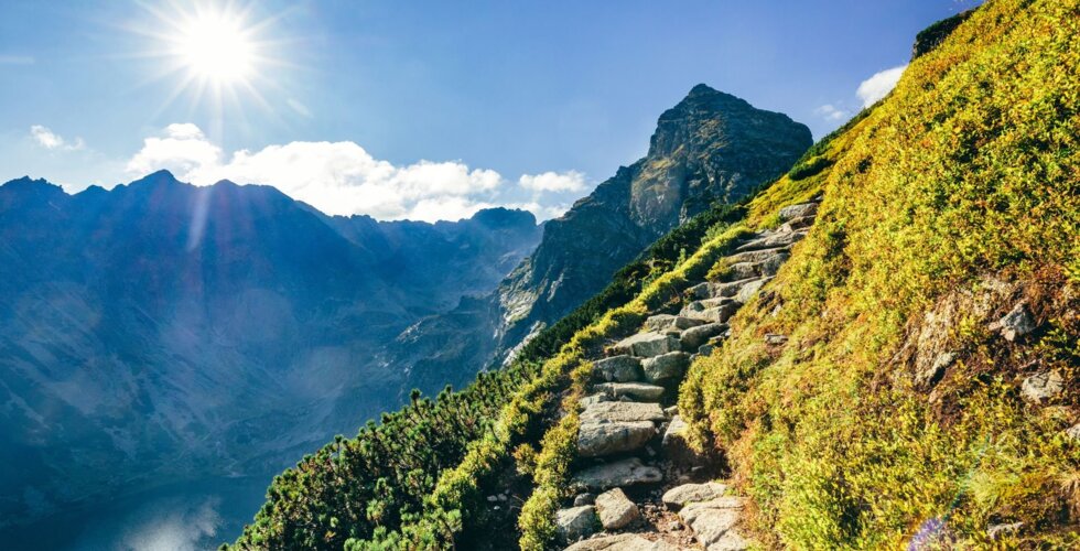 Scenic mountain trail paved with stones, leading through picturesque terrain.