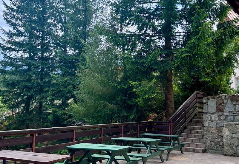 Taras hotelowy z drewnianymi stolikami i ławkami otoczony wysokimi drzewami w górskiej scenerii