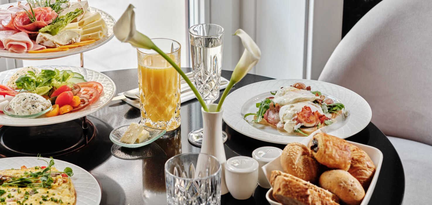 Heavily laden breakfast table