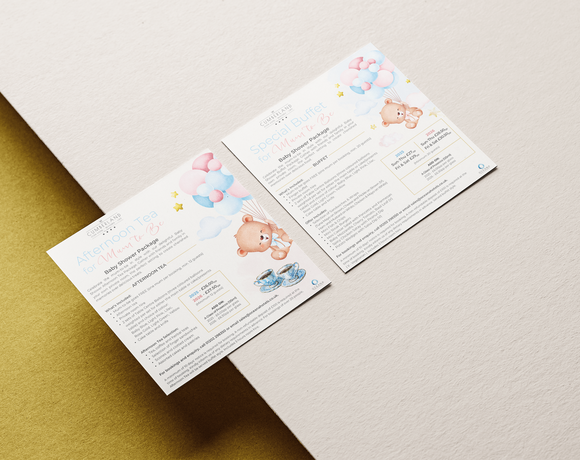 Two angled hotel leaflets promoting afternoon tea and a mum-to-be buffet, with pastel balloons, teddy and teacup art.