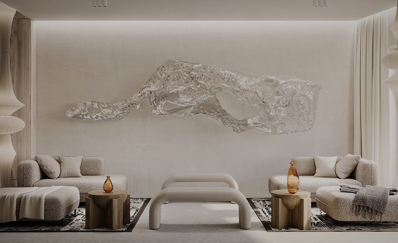 Minimalistyczny salon hotelowy z pluszowymi sofami boucle, łukową ławką, drewnianymi stolikami z bursztynowymi wazonami i szklaną rzeźbą na ścianie