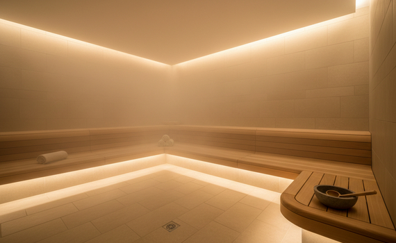 Nowoczesna sauna spa z piętrowymi drewnianymi ławkami, ciepłym oświetleniem LED, parą, zwiniętymi ręcznikami i kamienną miską z chochlą