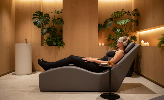 Gość wypoczywający na nowoczesnym leżaku spa z opaską na oczy i słuchawkami w drewnianej sali relaksacyjnej z roślinami, świecami i napojem.