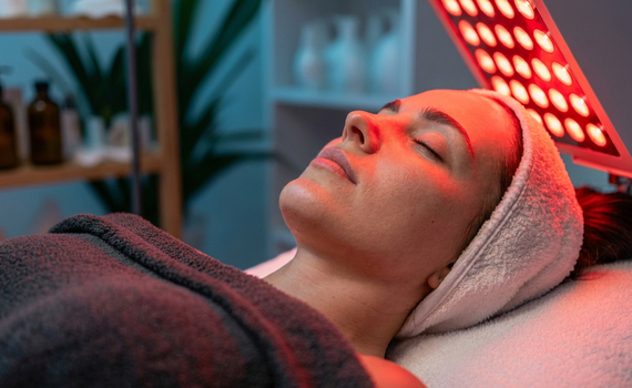 Kobieta podczas czerwonej terapii świetlnej twarzy na łóżku spa, z opaską i butelkami kosmetyków w tle.