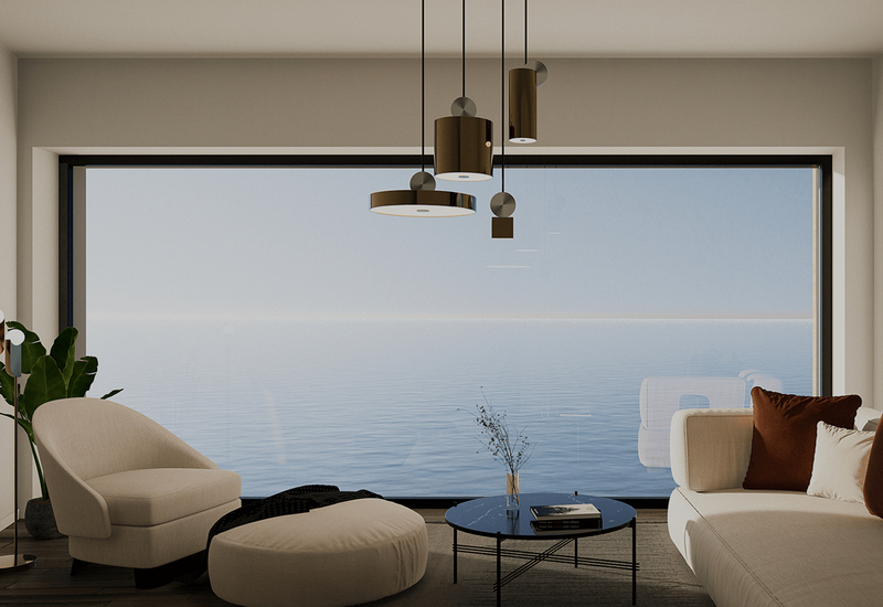 Nowoczesny salon apartamentu z panoramicznym widokiem na ocean, wygodny fotel, sofa z rdzawymi poduszkami, pufa, wiszące lampy, stolik