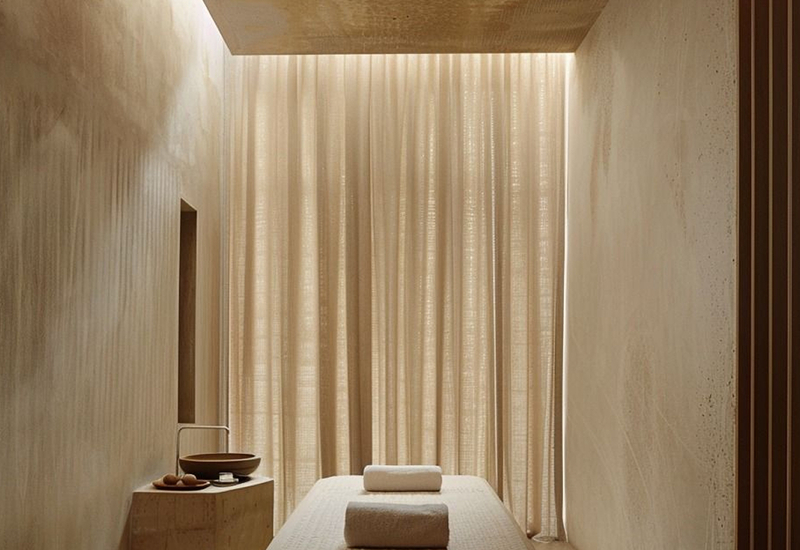 Spokojne spa hotelowe z wygodnym stołem do masażu, zwiniętymi ręcznikami i delikatnymi zasłonami.