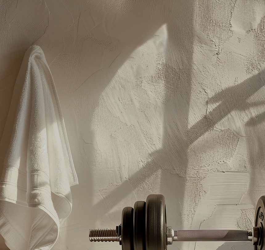 Weiches weißes Handtuch an einer strukturierten Wand neben einer Kurzhantel, sonnige Spa- und Fitnessecke.