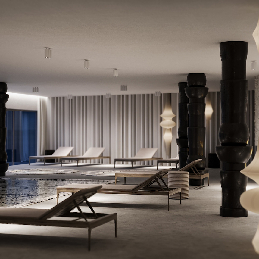 Innen-Spa mit flachem Spiegelbecken, Holzliegen, skulpturalen dunklen Säulen, strukturierter Wand, Pendelleuchten und langem Kamin