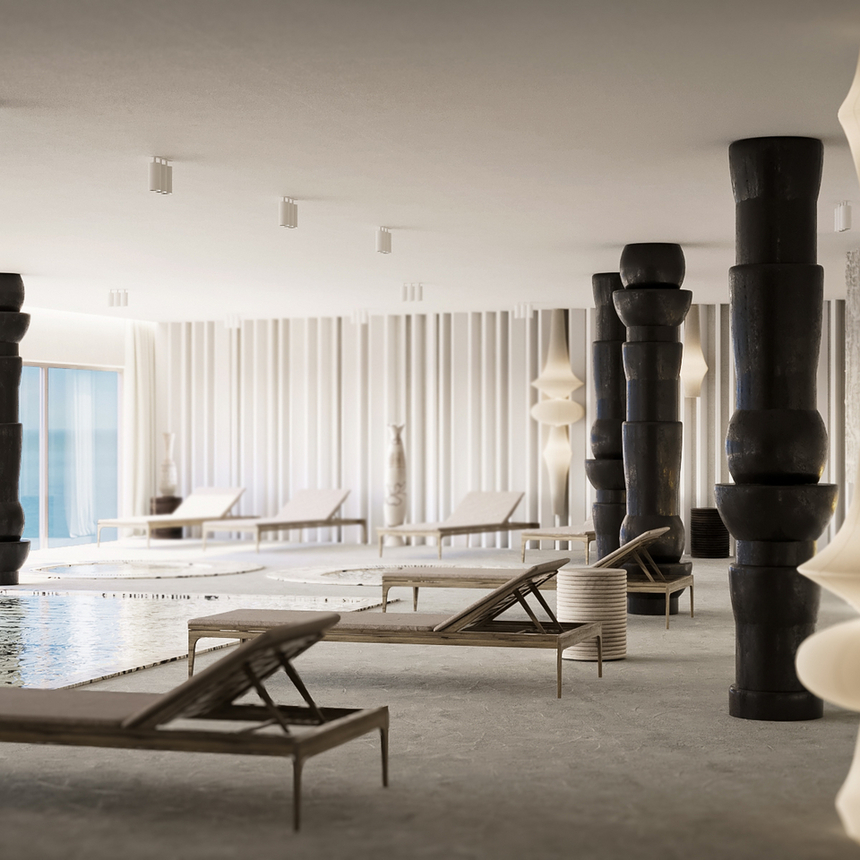 Basen spa z leżakami, oknami od podłogi do sufitu z widokiem na morze, rzeźbione ciemne kolumny i kominek