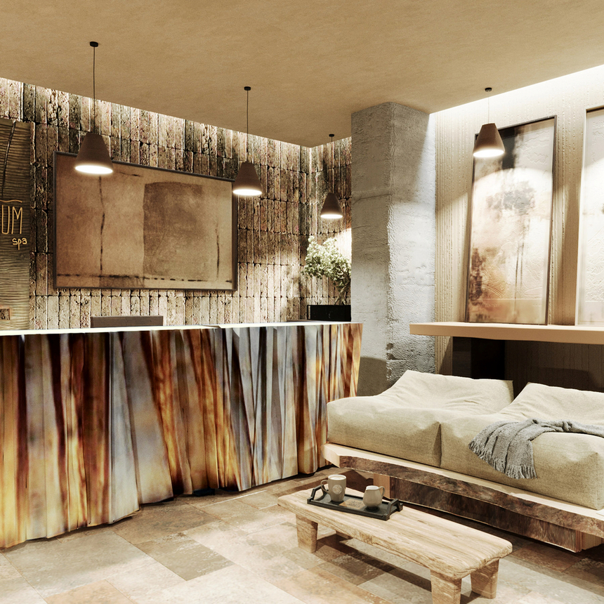 Przytulna recepcja spa z fakturowanym drewnianym blatem, wiszącymi lampami, miękką ławką z kocem i niskim stolikiem z zestawem herbaty