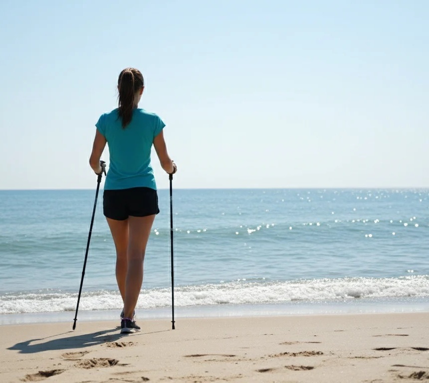 Gość maszeruje z kijkami po piaszczystej plaży, podziwiając spokojne morze i relaksującą nadmorską atmosferę.