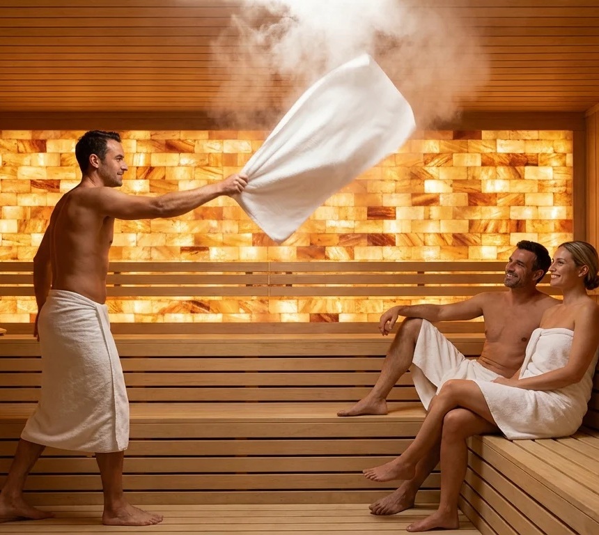 Para relaksuje się na piętrowych drewnianych ławkach sauny przed podświetlaną ścianą solną; obsługa wachluje ręcznikiem parę.