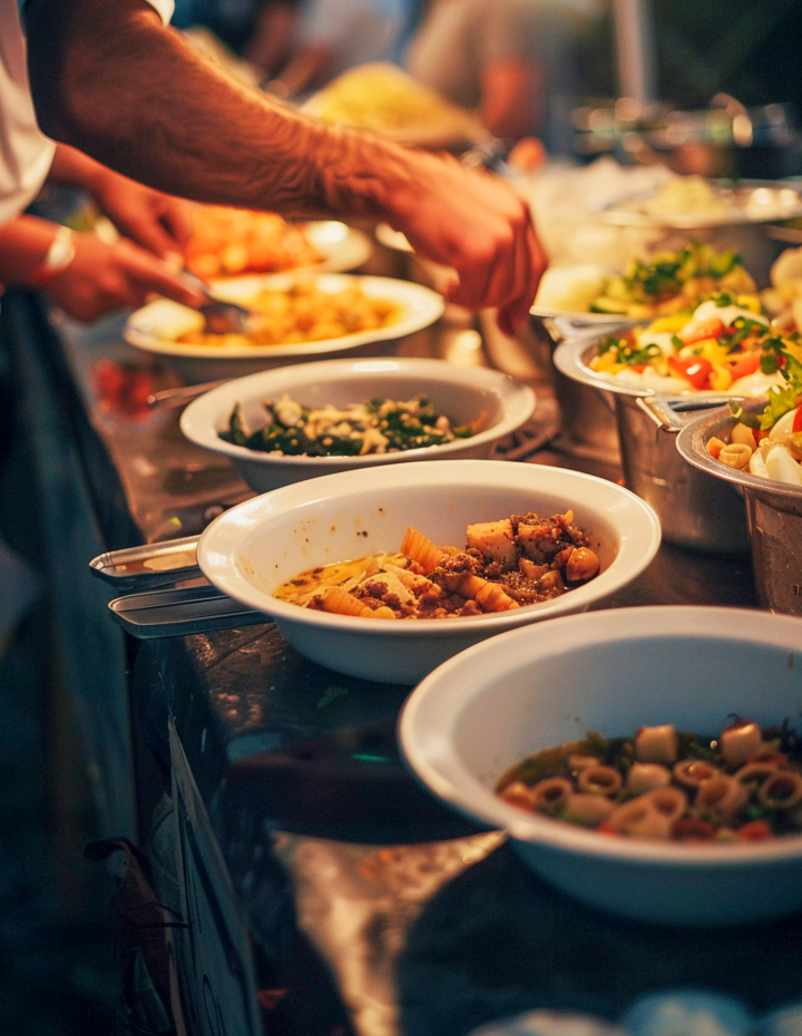 Hotelbuffet bei warmem Licht, Gäste schöpfen Pasta, Salate und warme Gerichte in weißen Schalen