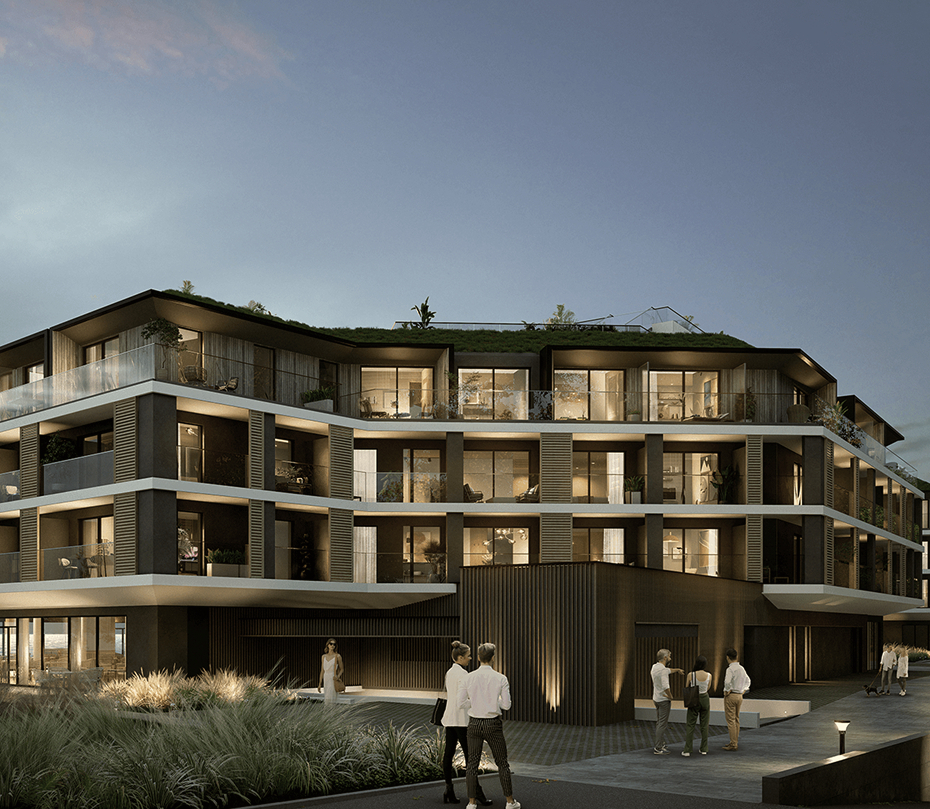 Nowoczesny hotel wielopiętrowy z szklanymi balkonami i prywatnymi tarasami, zielonym dachem, ciepłym oświetleniem i gośćmi.