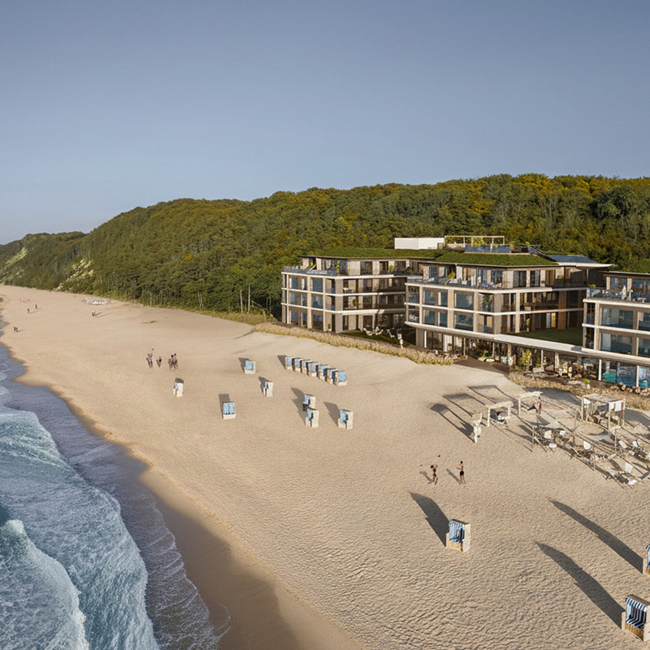 Nowoczesny, niskiej zabudowy nadmorski resort z przeszklonymi balkonami, zielonymi dachami, prywatnymi kabinami i koszami plażowymi