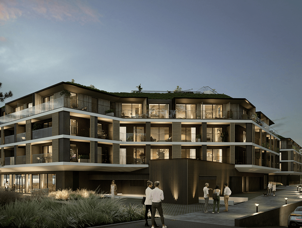 Nowoczesny czteropiętrowy hotel z przeszklonymi balkonami, zielonym dachem i oświetlonym wejściem o zmierzchu, goście przybywają