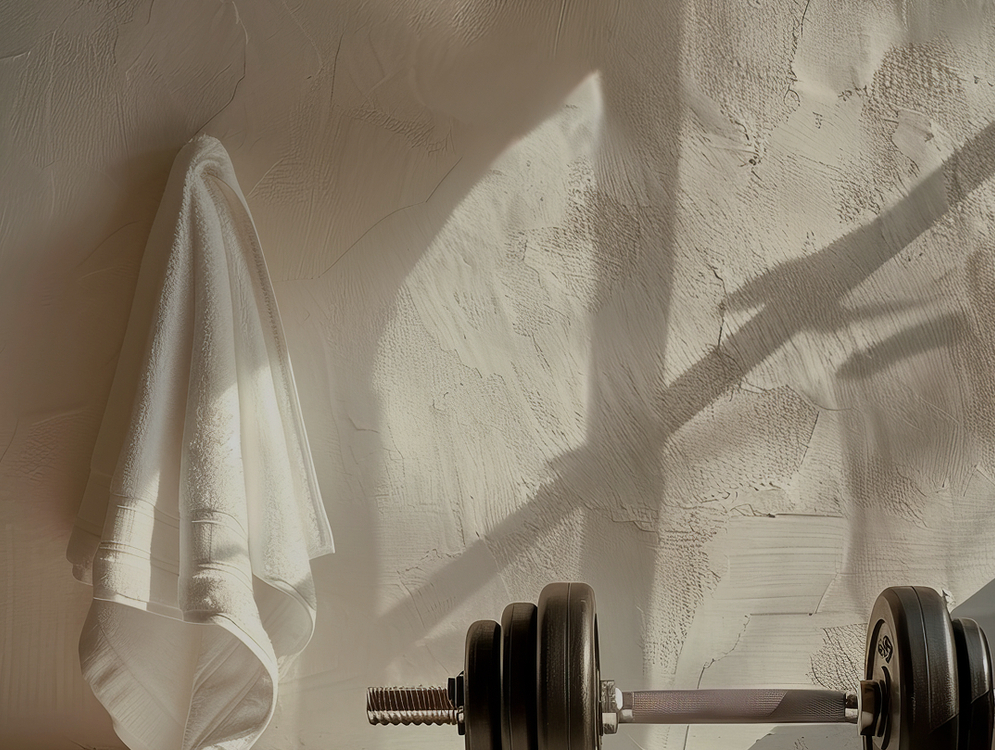 Miękki biały ręcznik wiszący na strukturalnej ścianie obok hantli, słoneczny kącik spa i siłowni.