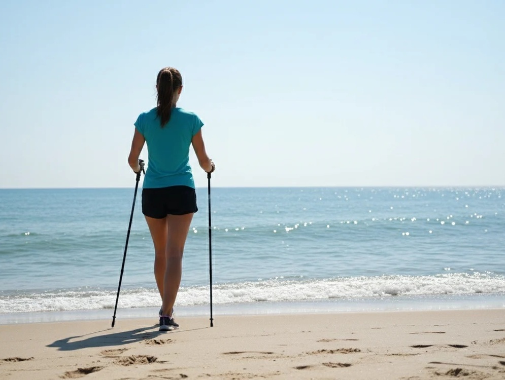 Gość maszeruje z kijkami po piaszczystej plaży, podziwiając spokojne morze i relaksującą nadmorską atmosferę.